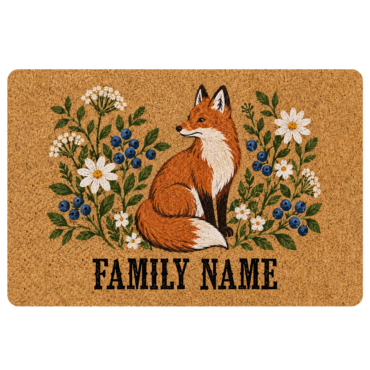 Fox doormat with wildflowers, blueberries, leafy branches, and a warm rustic entryway design