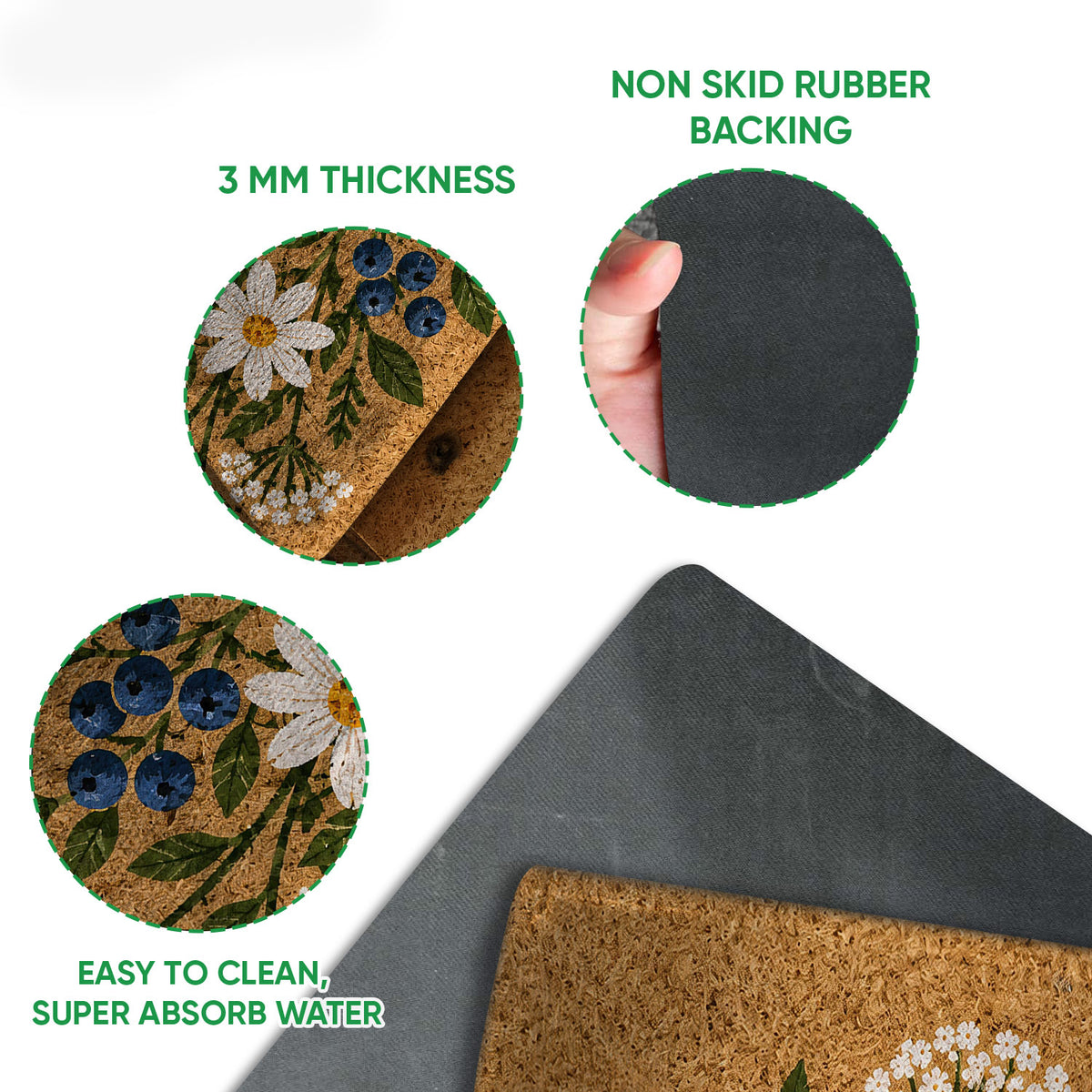 Close-up of fox floral doormat artwork with visible felt surface and black rubber backing