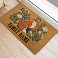Rustic fox door mat with daisies, blueberries, and leafy branches beside a doorway
