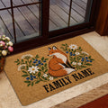 Floral fox doormat styled at a home entrance with a glass door and wood deck outside
