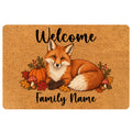 Fox doormat with a warm autumn woodland design, pumpkins, leaves, mushrooms, and a welcoming entryway message