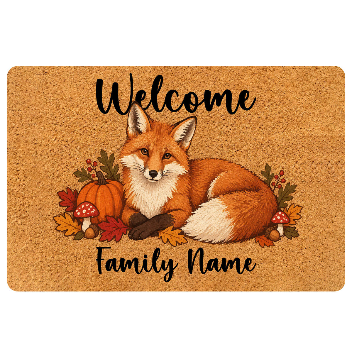 Fox doormat with a warm autumn woodland design, pumpkins, leaves, mushrooms, and a welcoming entryway message