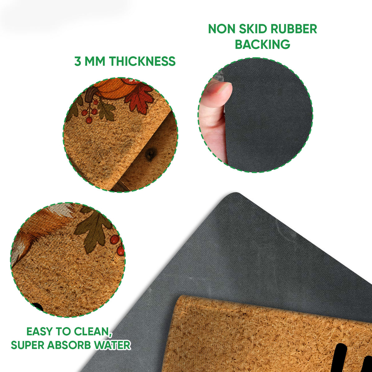 Close-up of fox doormat surface and black rubber backing showing thickness and construction details