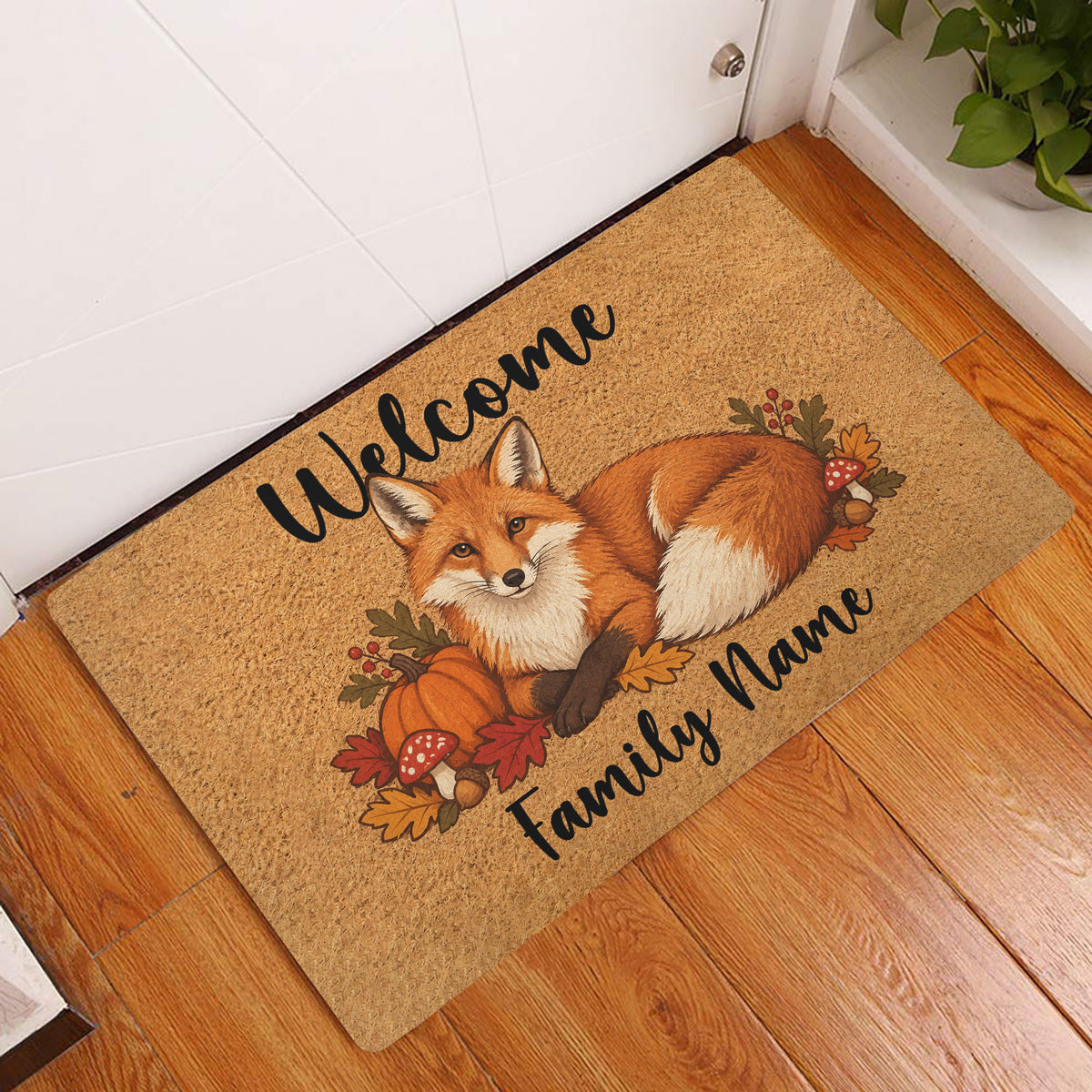 Autumn fox doormat displayed at a front door on hardwood flooring with pumpkins and colorful leaves