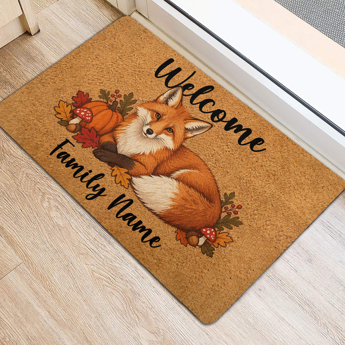 Fox entryway mat beside a door featuring a cozy autumn design with pumpkins, mushrooms, acorns, and leaves