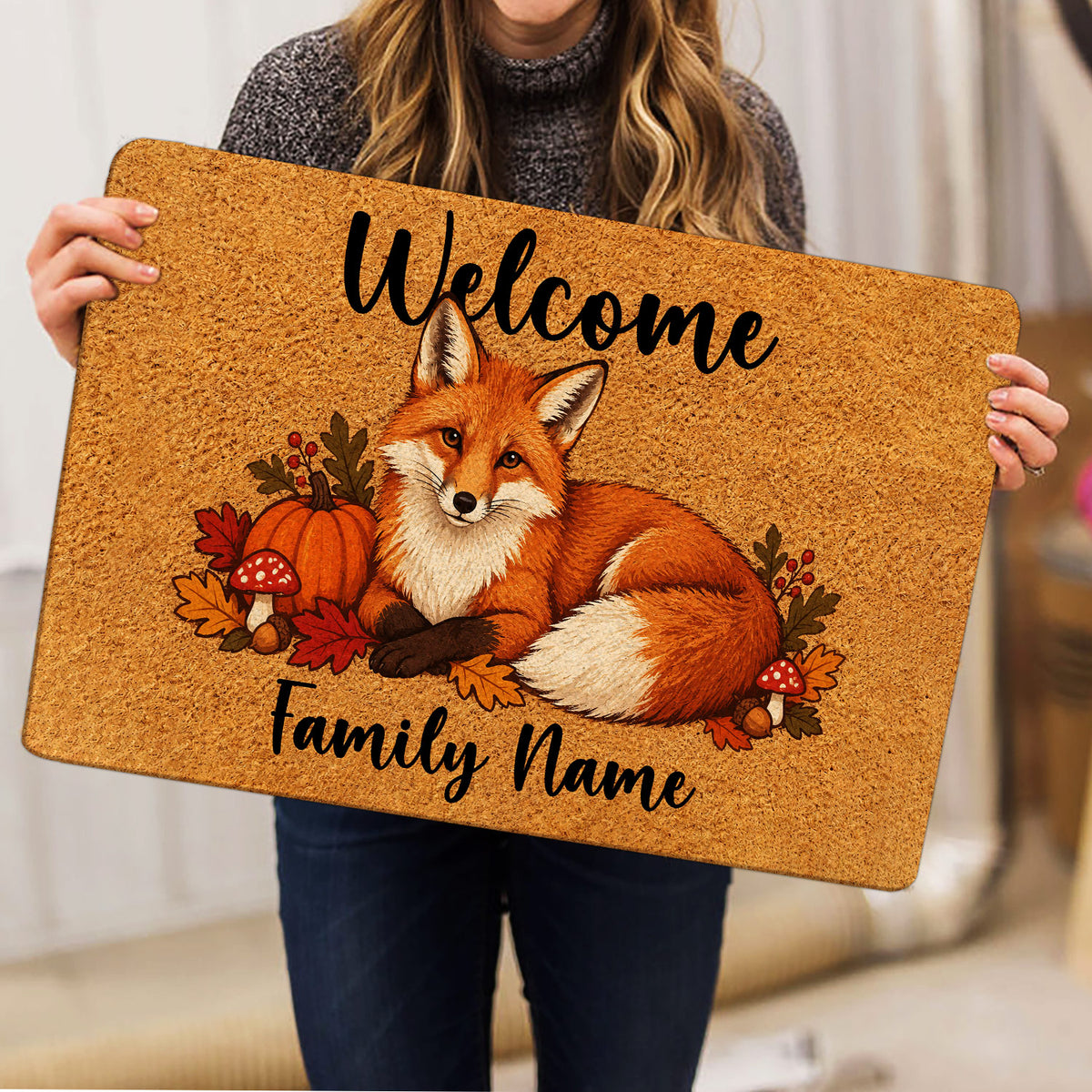 Person holding a fox doormat featuring a warm autumn woodland illustration with pumpkins and fall leaves