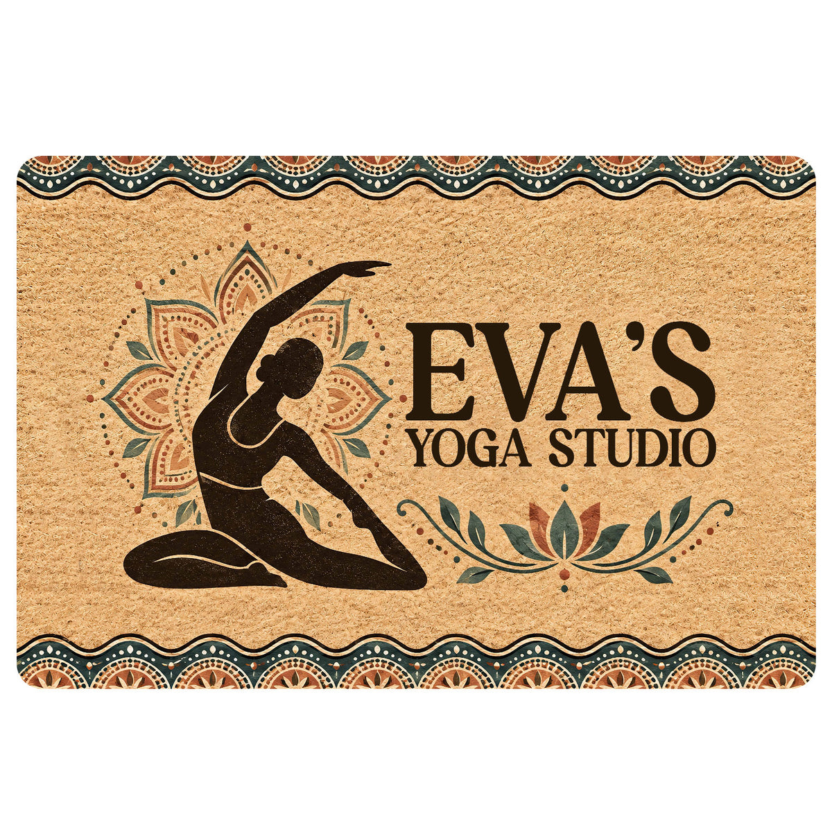 Yoga doormat with a meditating figure, lotus mandala artwork, earthy tones, and decorative teal border