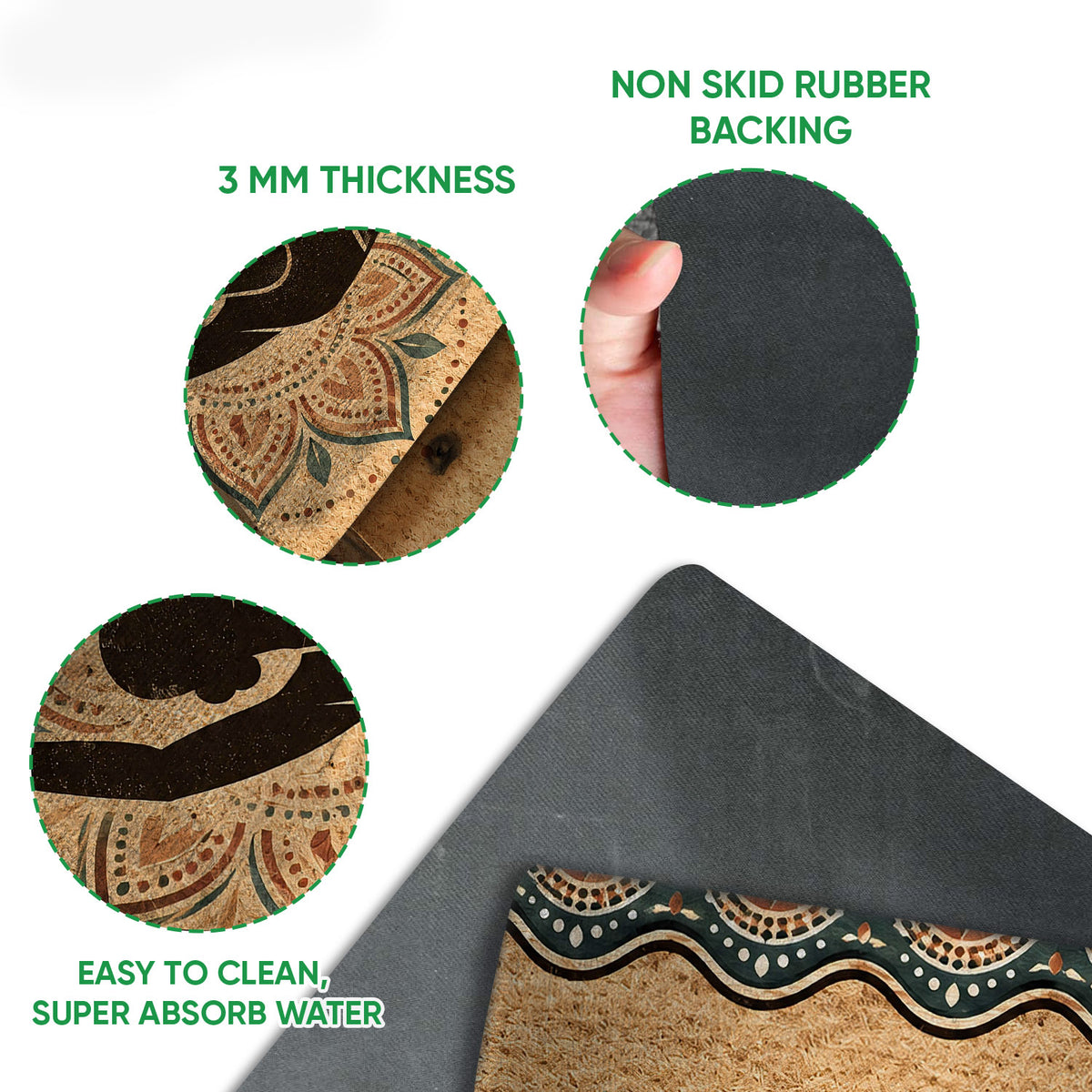 Yoga doormat feature view showing the printed lotus artwork, textured top surface, and dark rubber backing