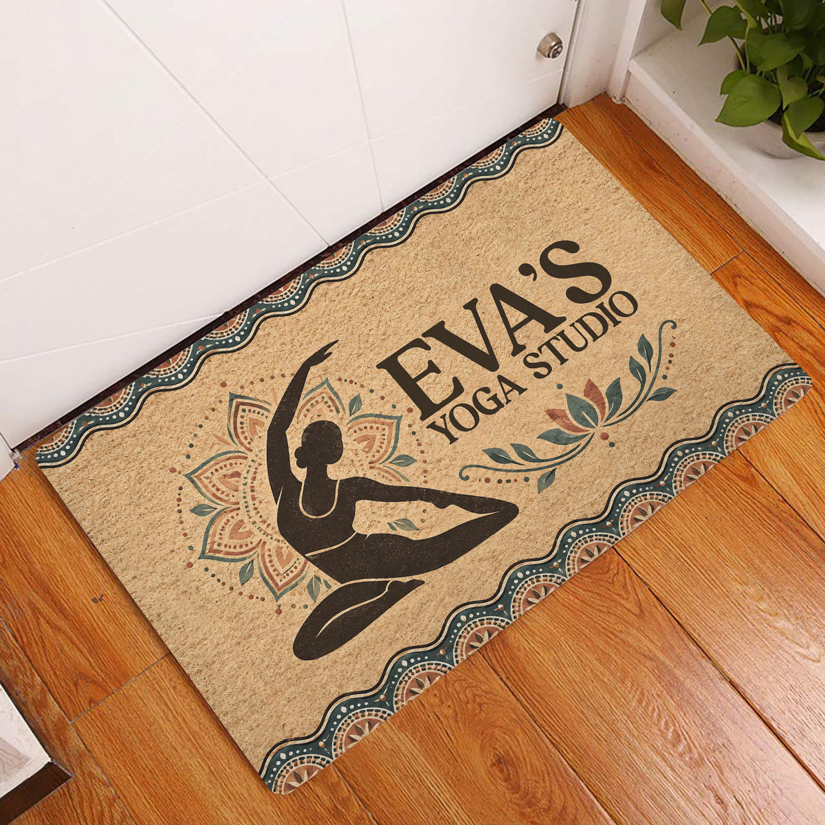 Yoga entryway rug displayed beside a white door on wood flooring with a meditating figure and lotus design
