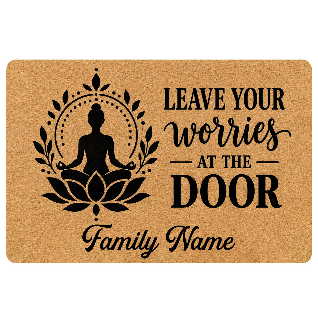 Yoga doormat with a meditating silhouette, lotus flower, leafy wreath, and inspirational black typography