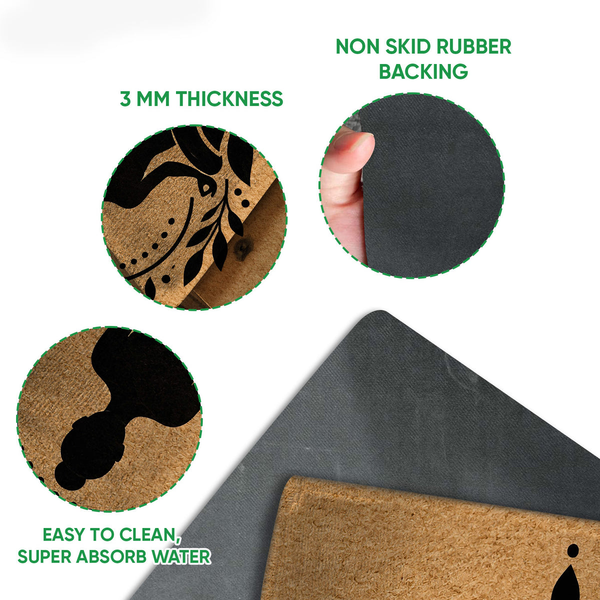 Feature detail showing the printed yoga artwork, textured top surface, and dark rubber backing of the doormat