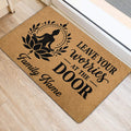 Meditation-themed yoga rug positioned near a doorway, featuring a seated figure, lotus, leaves, and bold lettering