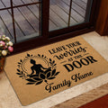 Yoga doormat styled at a glass entry door with a calming meditation silhouette and botanical lotus artwork