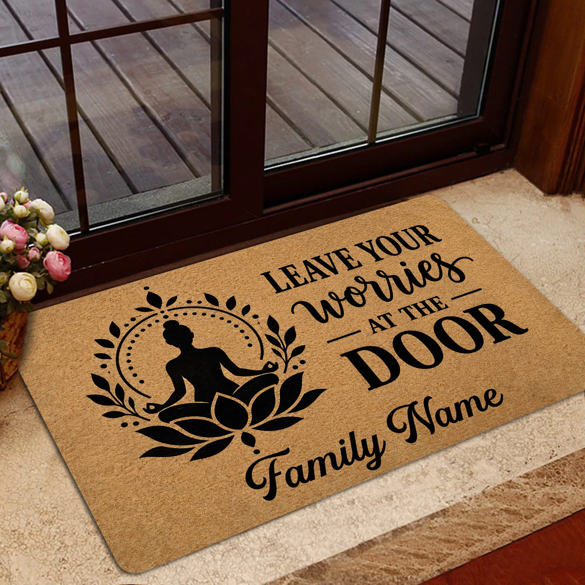 Yoga doormat styled at a glass entry door with a calming meditation silhouette and botanical lotus artwork
