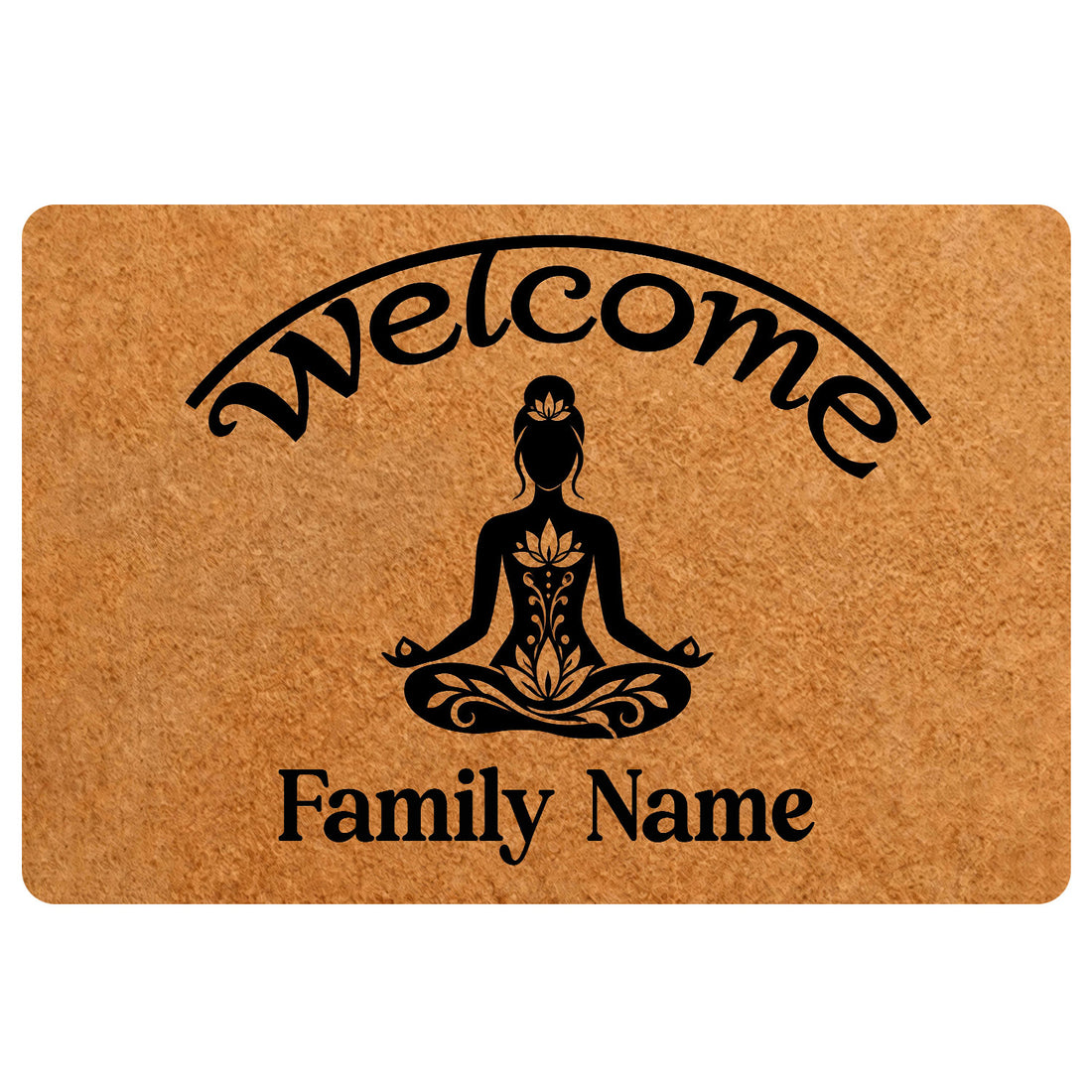 Yoga doormat with a meditating figure, lotus details, welcome lettering, and family wording on a warm brown design