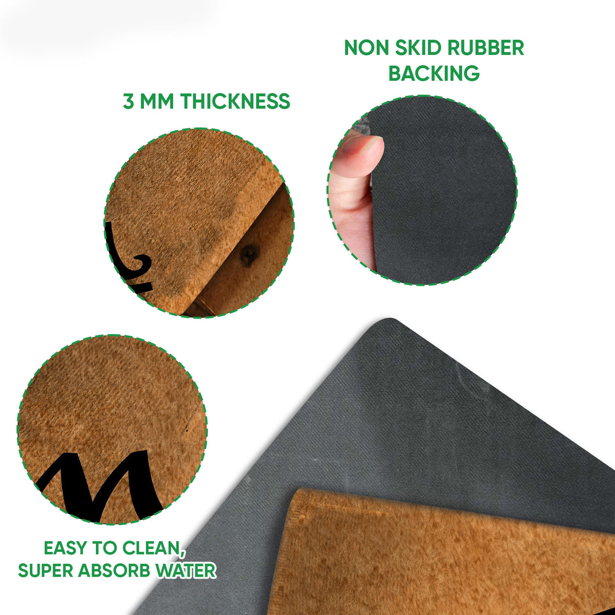 Close-up detail of the yoga doormat surface and black rubber backing shown in a product construction view