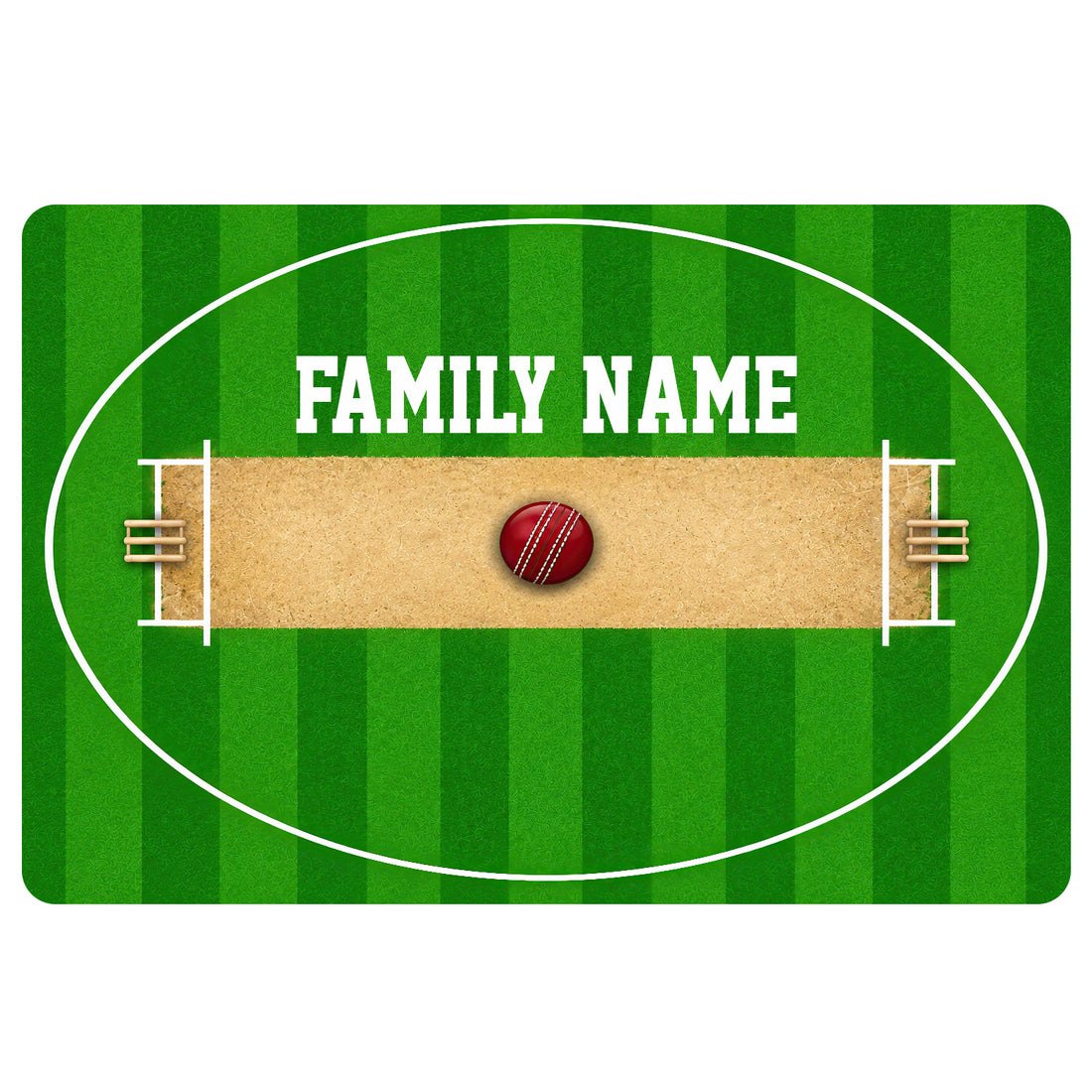 Green cricket doormat featuring a cricket pitch, wickets, ball, and bold family lettering