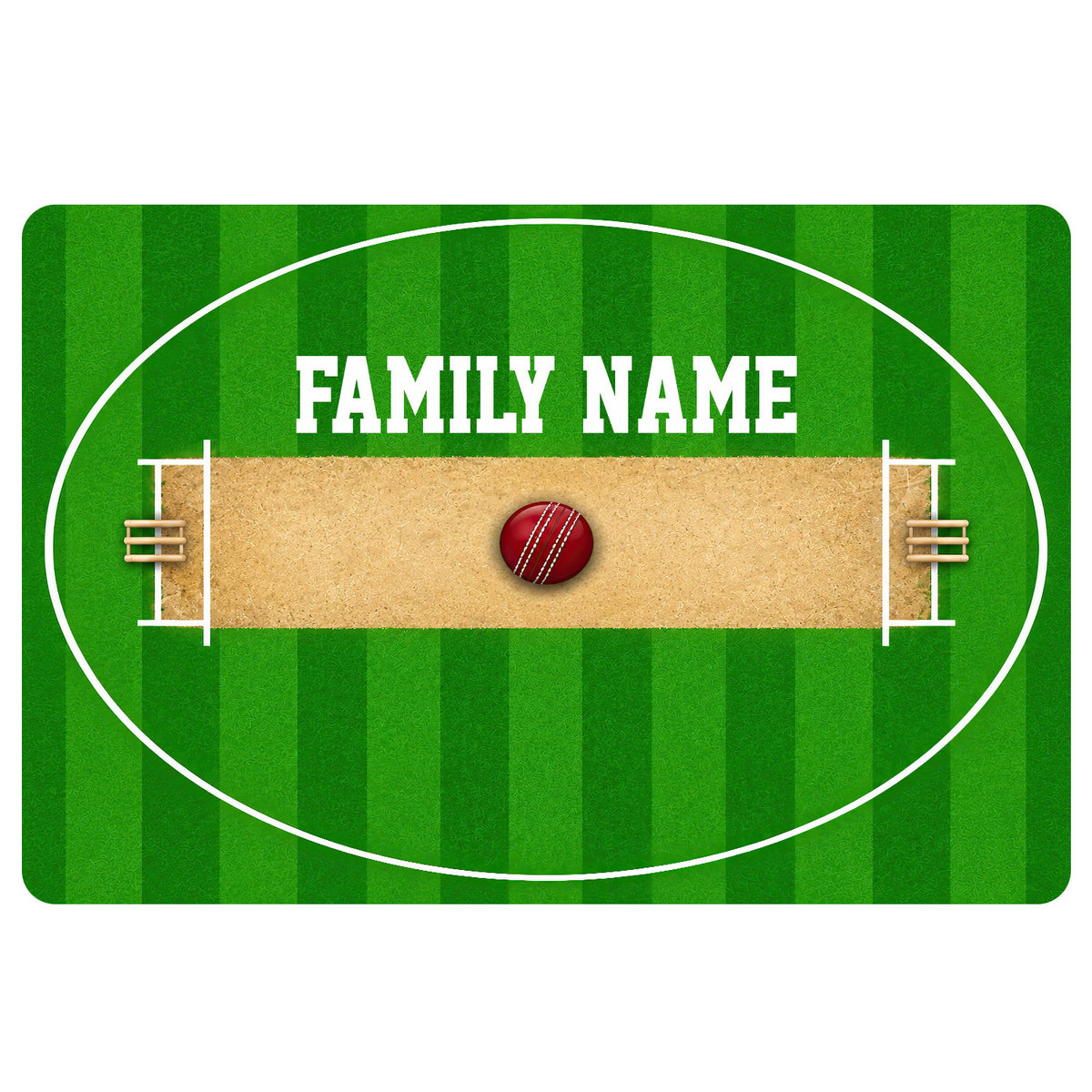 Green cricket doormat featuring a cricket pitch, wickets, ball, and bold family lettering