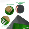 Feature view of cricket doormat surface and dark rubber backing with rounded corners