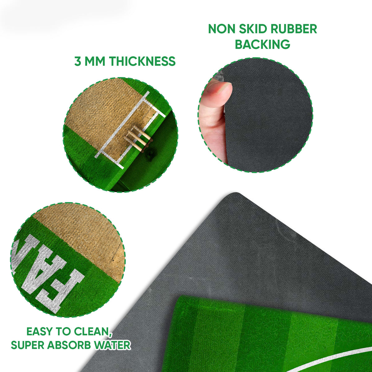 Feature view of cricket doormat surface and dark rubber backing with rounded corners