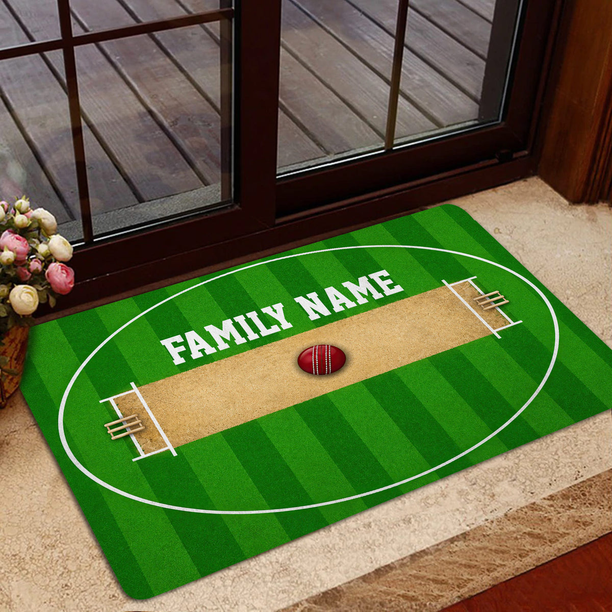 Cricket doormat styled inside a home entrance with a glass door and warm decor