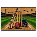 Cricket doormat featuring a bat, wickets, red cricket ball, helmet and green pitch artwork
