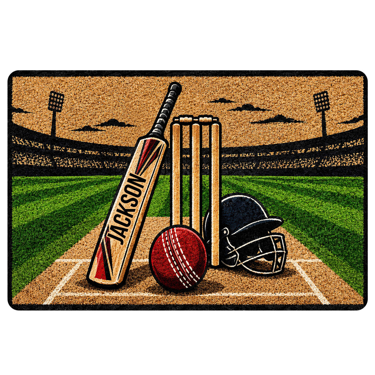 Cricket doormat featuring a bat, wickets, red cricket ball, helmet and green pitch artwork