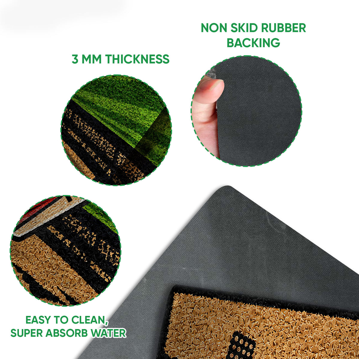 Cricket doormat detail graphic showing the printed surface, 3 mm thickness and rubber backing