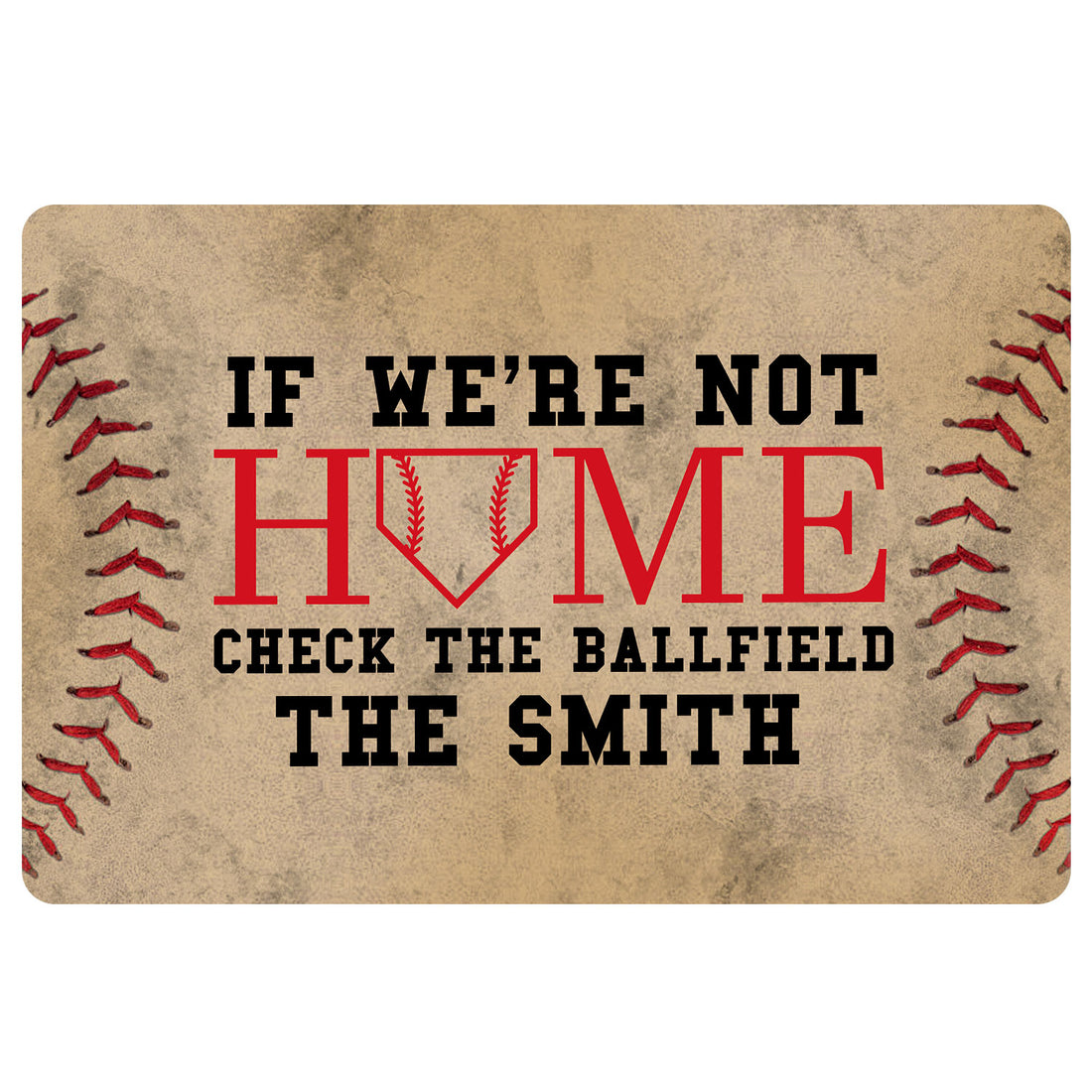Baseball doormat with red stitching border, home plate graphic, and bold black and red lettering