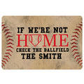 Baseball doormat with red stitching border, home plate graphic, and bold black and red lettering