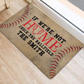 Baseball-themed door mat displayed in a home entryway on light wood flooring