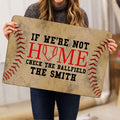 Baseball doormat held indoors, featuring a tan background, red stitching, and bold sports lettering