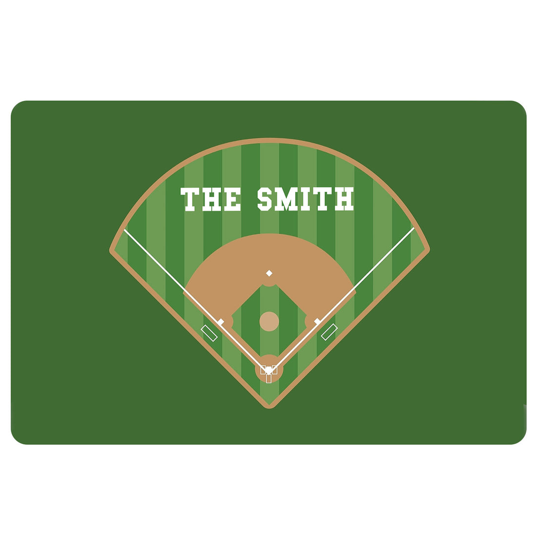 Green baseball doormat featuring a striped ballfield, tan infield, white baselines, and home plate