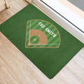 Baseball field doormat displayed at an entryway with green turf tones and a diamond graphic