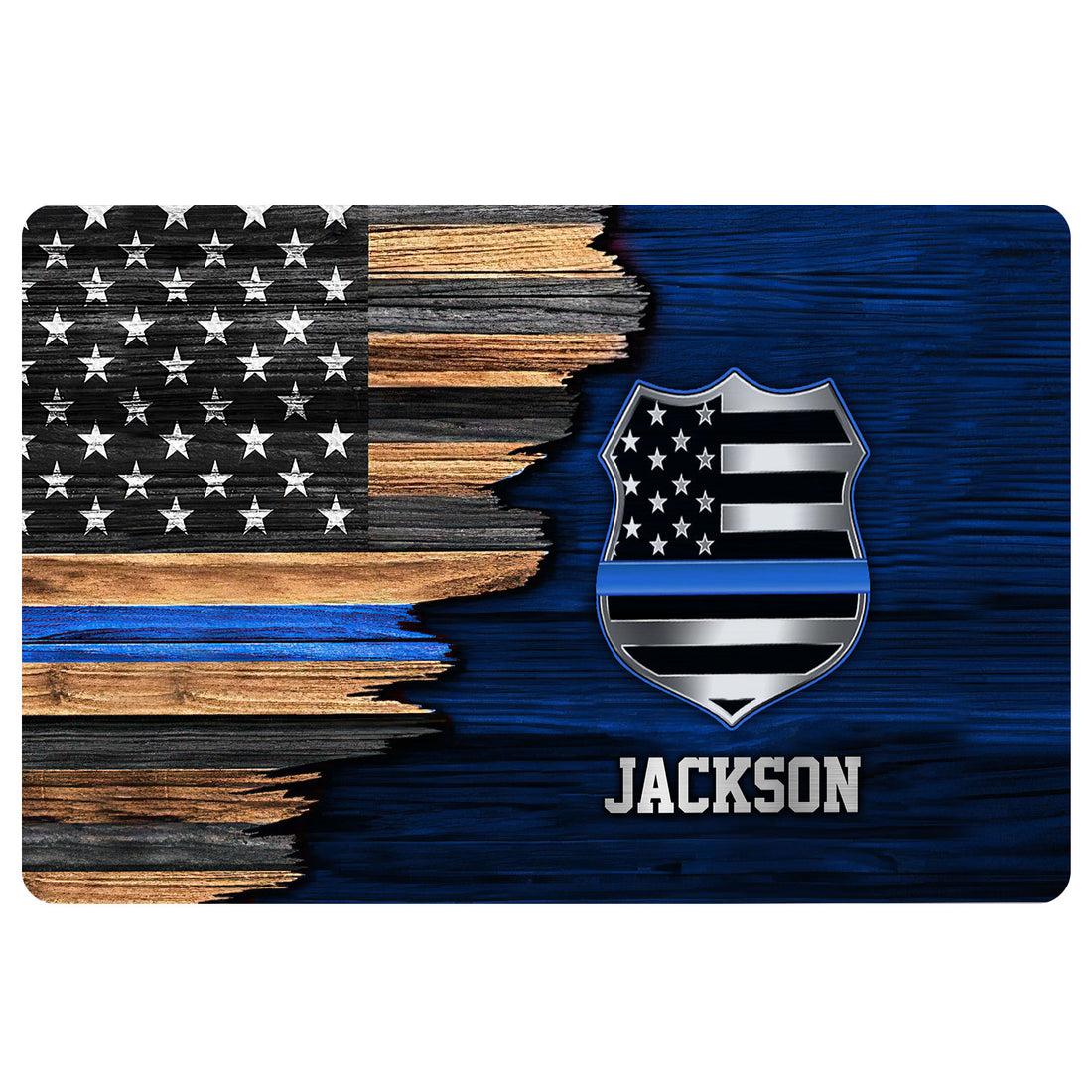 Police-themed doormat with a blue line badge and distressed American flag artwork in black and blue