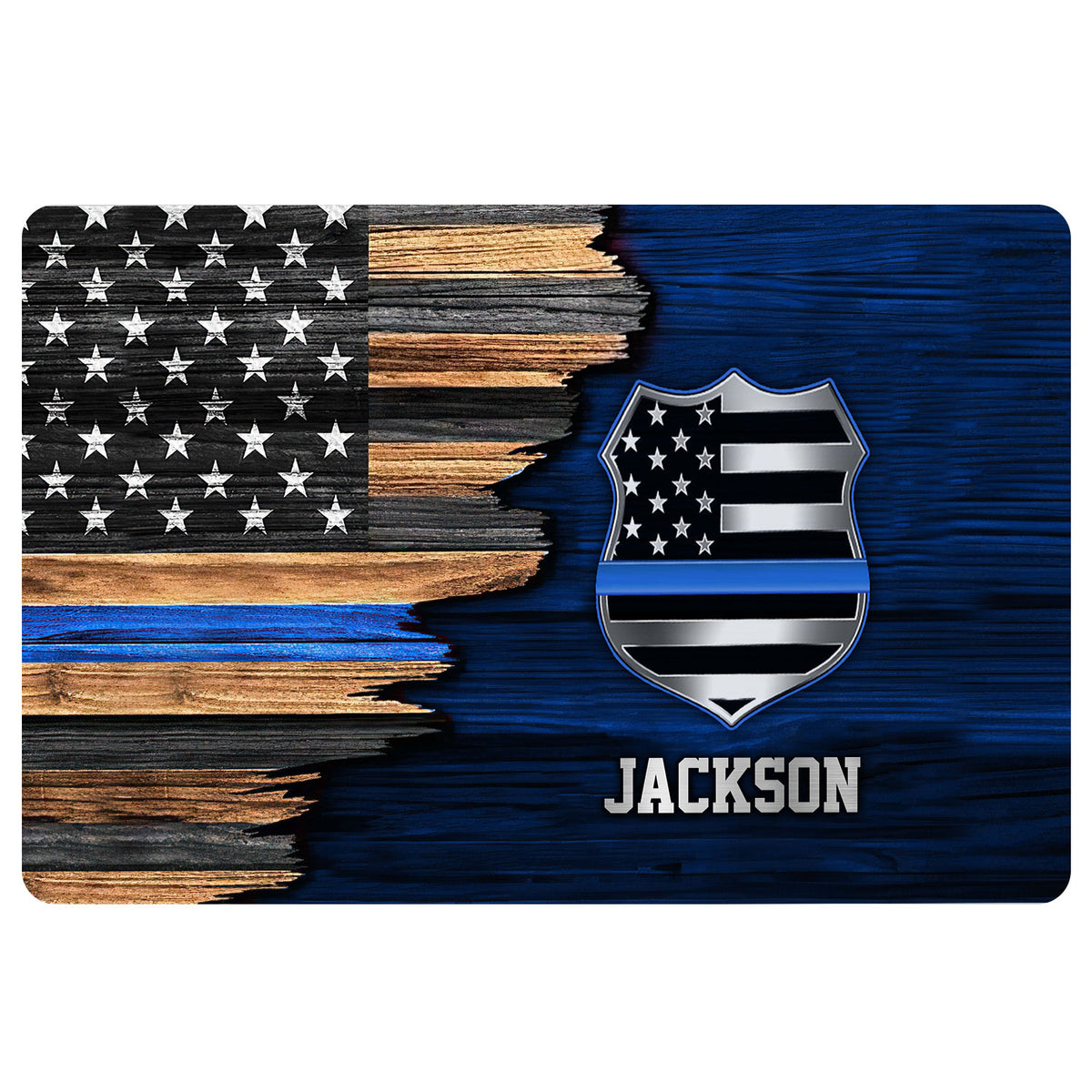 Police-themed doormat with a blue line badge and distressed American flag artwork in black and blue