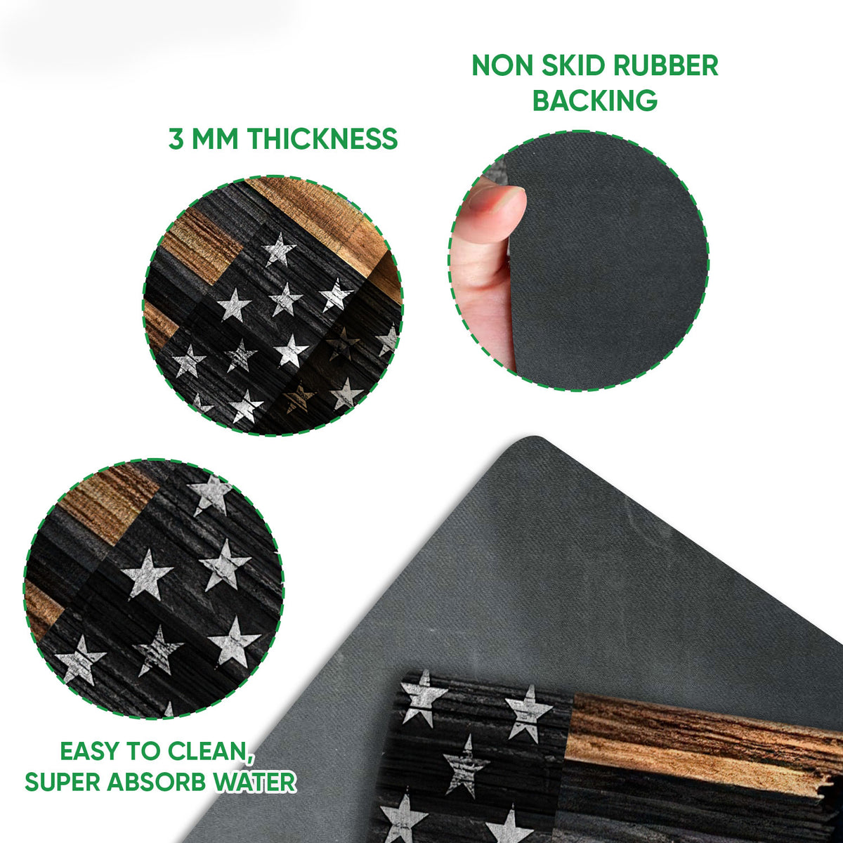 Close-up of police badge and distressed flag doormat surface with a dark rubber backing detail
