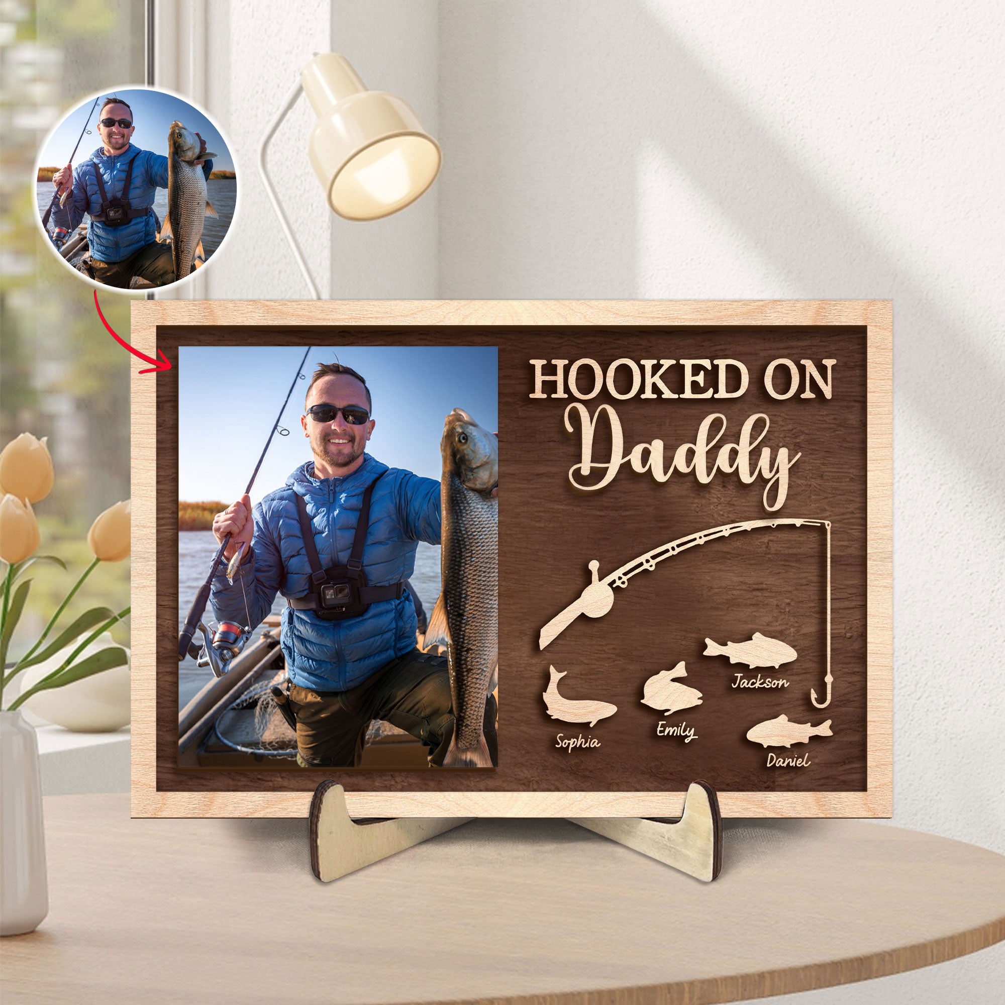 Personalized Dad Wooden Plaque, Custom Photo & Kid's Name Wooden Sign, Hooked On Daddy Fishing Wood Sign, Father's Day Gift for Grandpa, Him