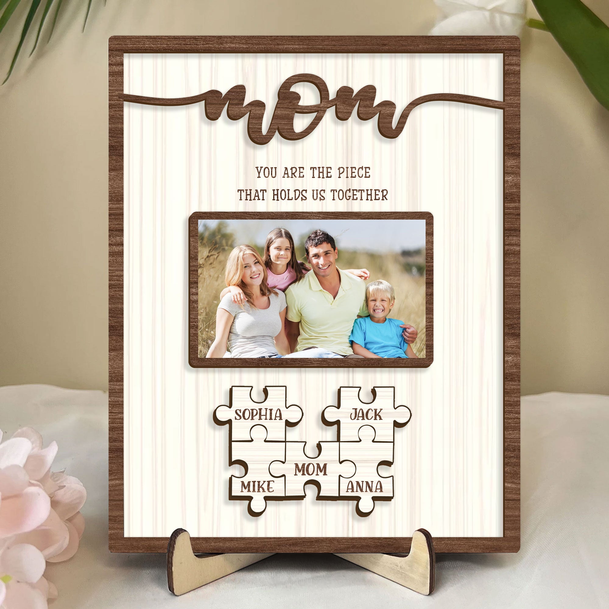 Personalized Mom Wooden Plaque, Custom Photo & Name Wooden Sign, Piece That Holds Us Together Wood Sign, Mother's Day Gift For Family, Her