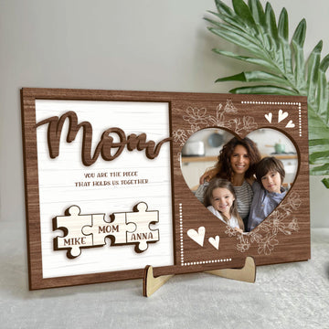 Personalized Mom Wooden Plaque, Custom Photo & Kid's Name Wooden Sign, Piece That Holds Us Together Wood Sign, Mother's Day Gift For Grandma