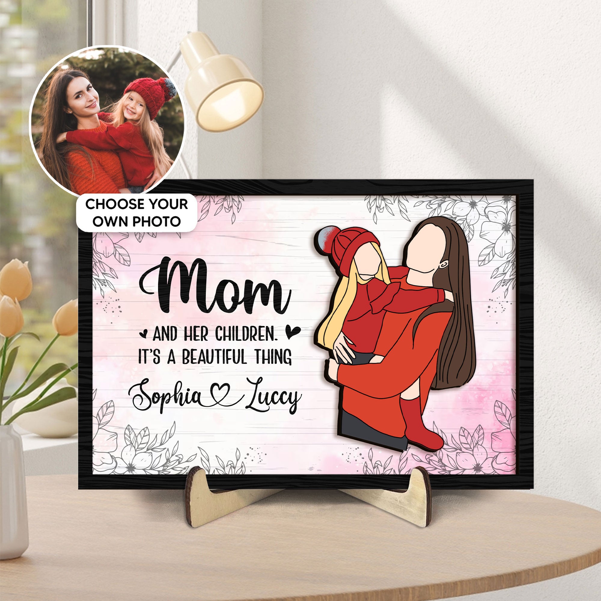 Personalized Mom Wood Plaque, Custom Art & Kid's Name Wooden Sign, Mom And Daughter Drawing Photo Wood Sign, Mother's Day Gift for Mom, Her