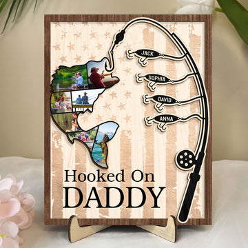 Personalized Dad Wooden Plaque, Custom Photo & Kid's Name Wooden Sign, Hooked On Daddy Fishing Wood Sign, Father's Day Gift for Papa, Him