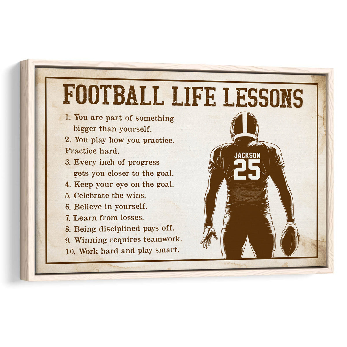 Framed football wall art featuring a vintage motivational lessons design and illustrated player