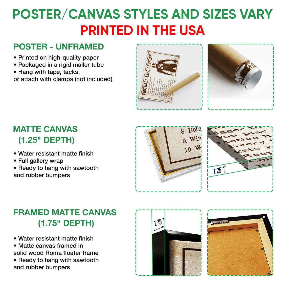 Poster or canvas wall art options guide showing football artwork formats and presentation choices