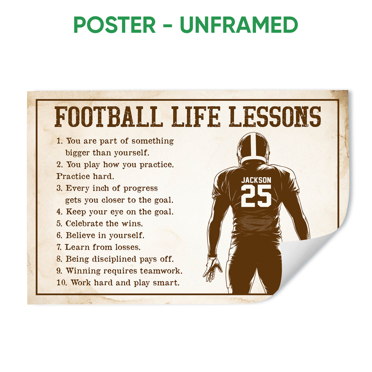 Unframed football poster with vintage lessons artwork and an illustrated player holding a football