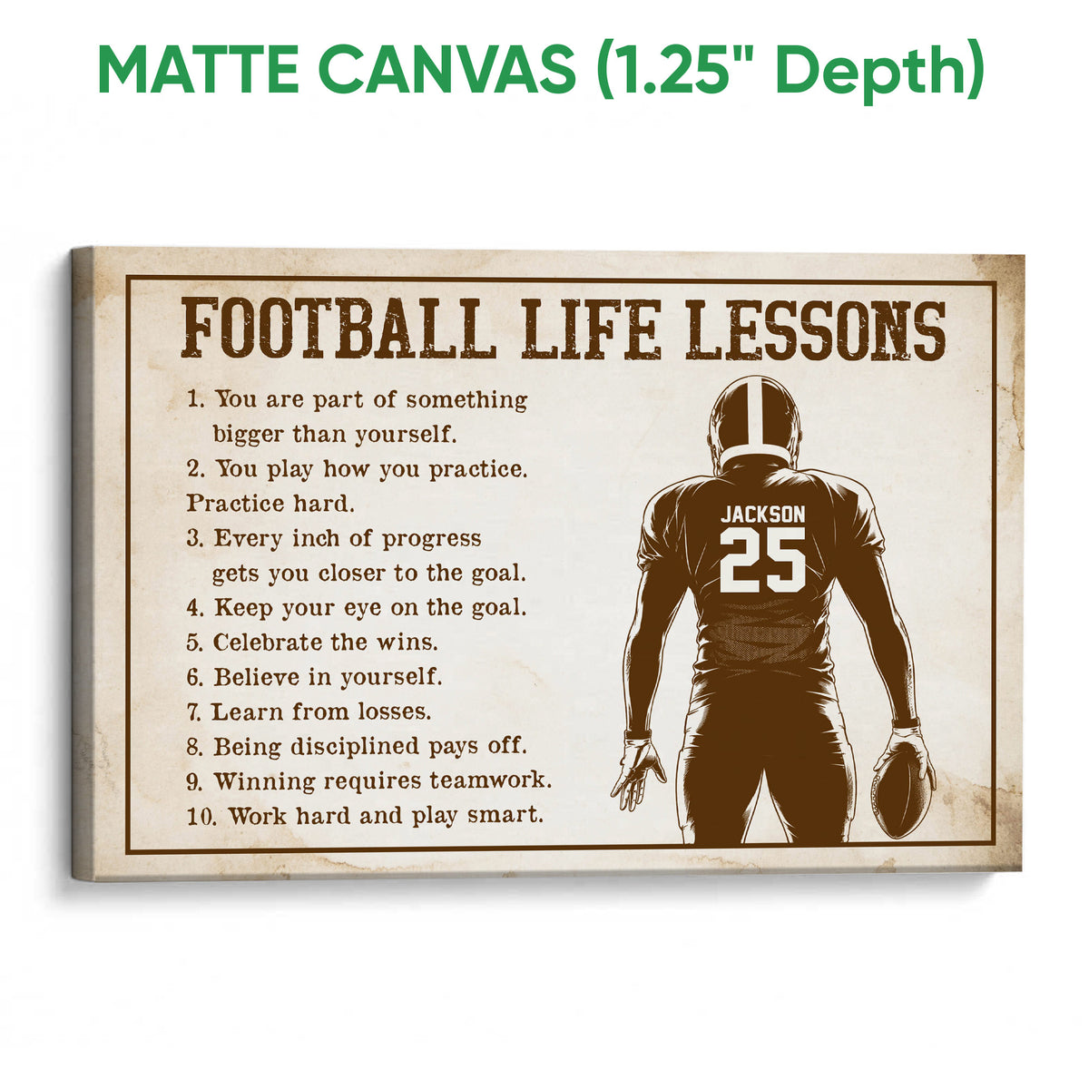 Matte canvas football wall art displaying vintage motivational text and an illustrated football player