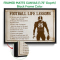 Black framed football canvas wall art with distressed styling, motivational lessons, and player artwork