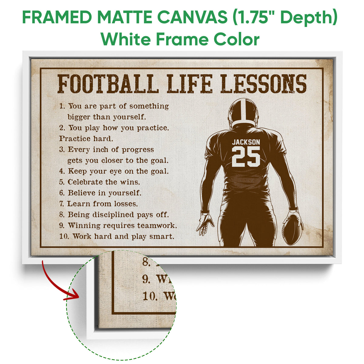 White framed football wall art featuring a vintage motivational design and illustrated player