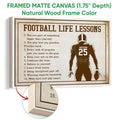 Natural wood framed football wall art with distressed lessons artwork and illustrated player