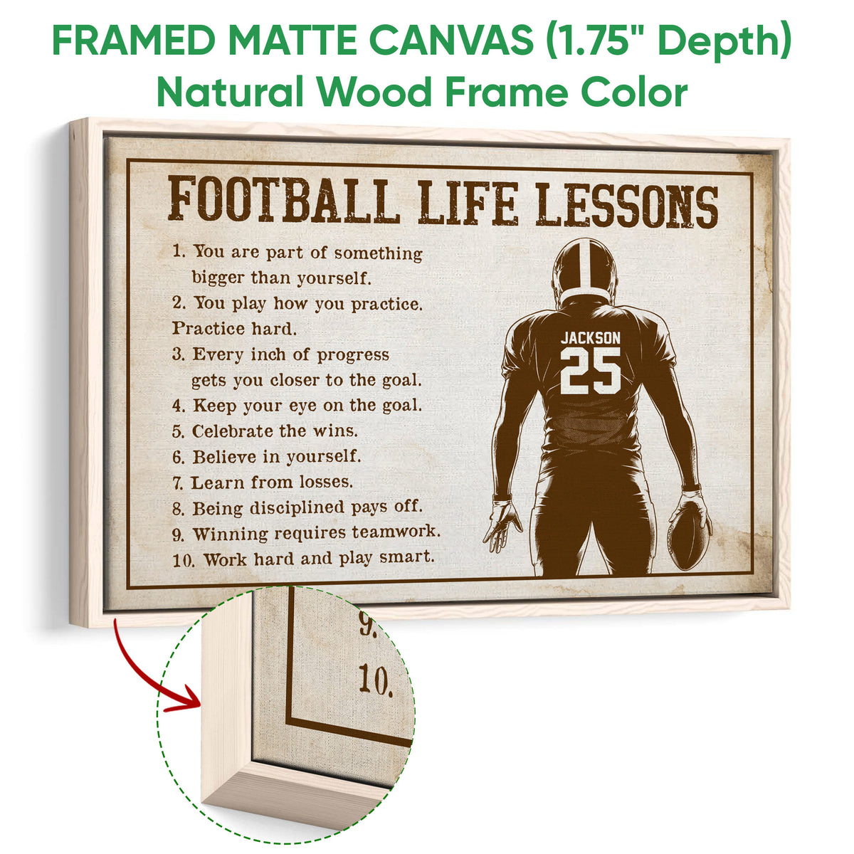 Natural wood framed football wall art with distressed lessons artwork and illustrated player